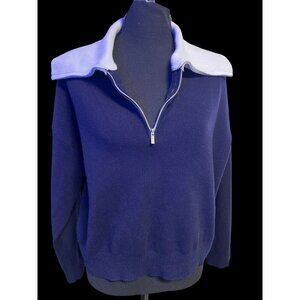 MNG Half-Zip Sweater Women Medium Navy Blue White Collar Coastal lagom cozy